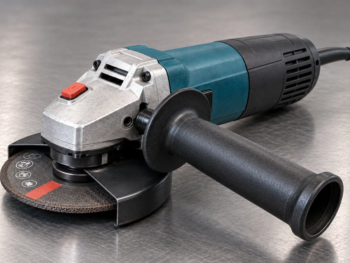 Angle grinder on the workshop bench