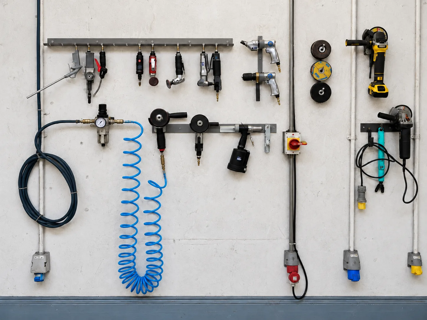 Pneumatic hand tools kept in the workshop