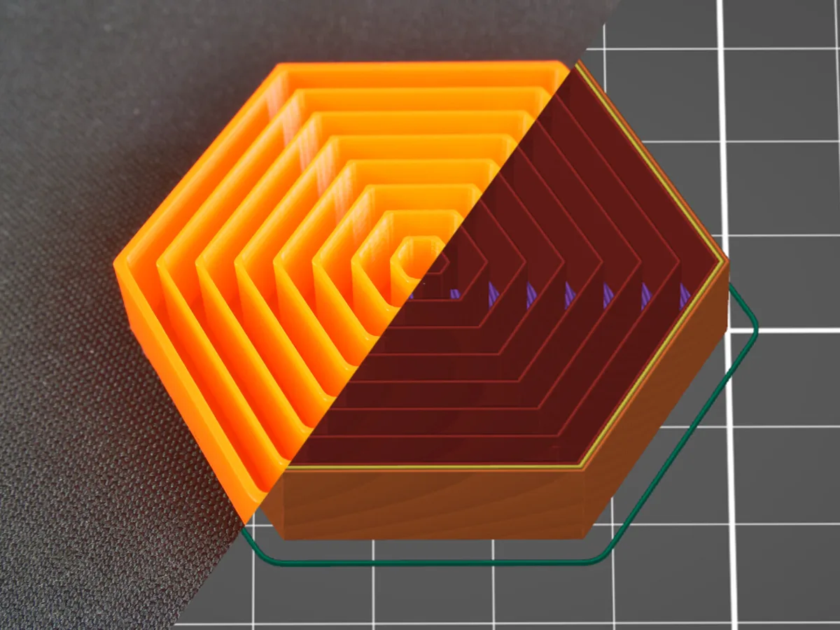 Test block printed with concentric infill, shown half as the printed part and half as a slicer preview