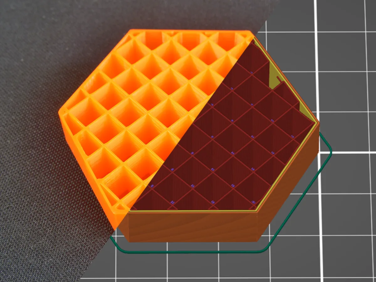 Test block printed with grid infill, shown half as the printed part and half as a slicer preview