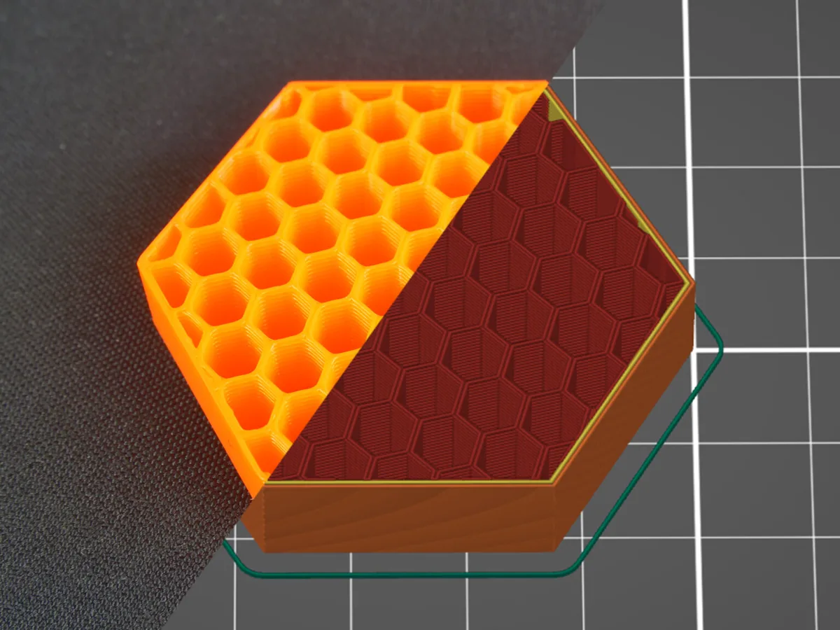 Test block printed with honeycomb infill, shown half as the printed part and half as a slicer preview