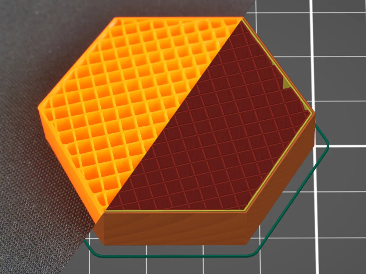 Test block printed with rectilinear infill, shown half as the printed part and half as a slicer preview